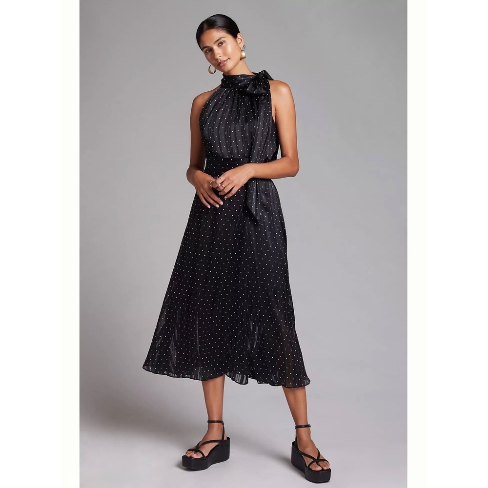 Sachin & Babi Polka Dot Halter Midi Dress Sz 10 Black EUC Bow Cocktail Party